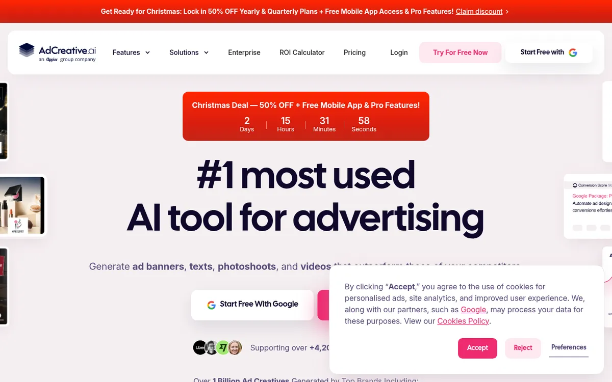 Screenshot of AdCreative.ai - AI ad creative generator for social media and display ads. Creates conversion-focused ad designs.
