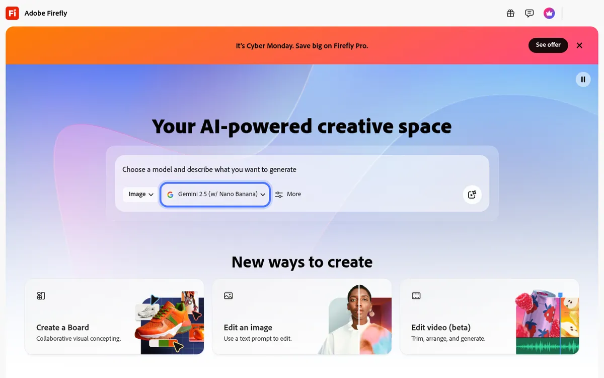 Screenshot of Adobe Firefly - Adobe's commercially-safe AI image generator, trained on licensed content. Deep integration with Pho