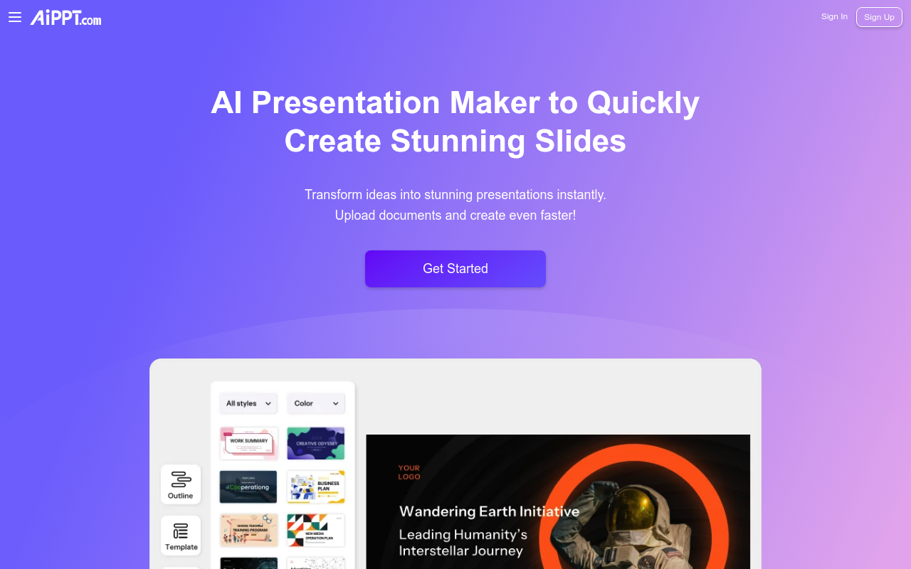 AiPPT interface screenshot showing the main dashboard