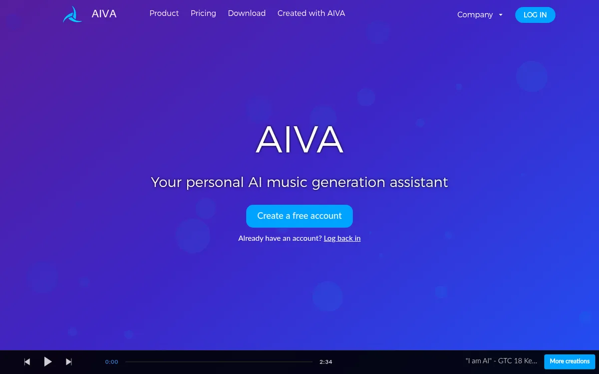 Screenshot of AIVA - Generate original AI music compositions in over 250 styles within seconds. AIVA combines advanced AI