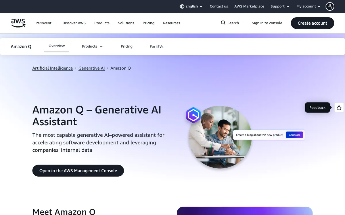 Screenshot of Amazon Q - Transform your enterprise with Amazon Q, AWS's generative AI assistant that delivers industry-leadin