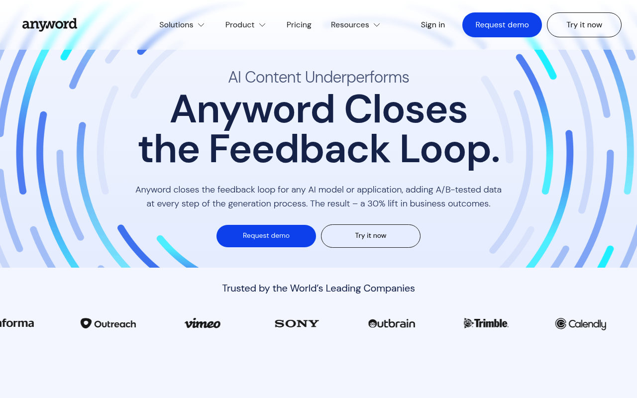 Anyword interface screenshot showing the main dashboard