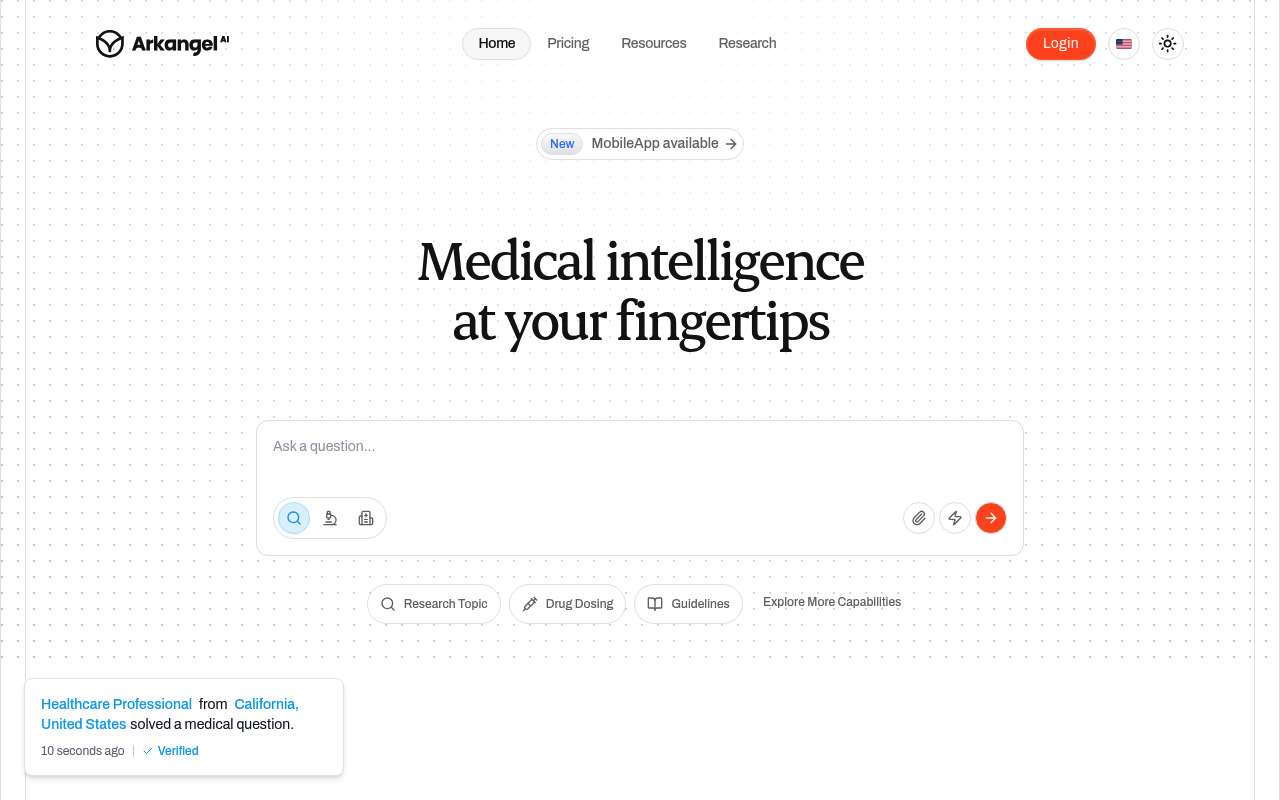 Arkangel AI interface screenshot showing the main dashboard