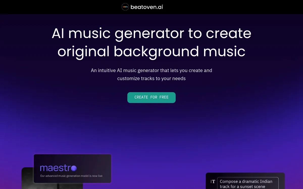 Screenshot of Beatoven.ai - Generate royalty-free AI music for content creators, game developers, and filmmakers. Create custom 