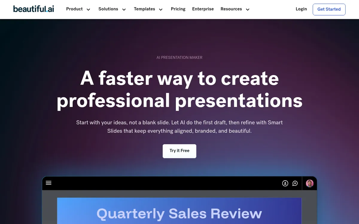 Screenshot of Beautiful.ai - AI-powered presentation maker that automatically designs slides as you add content.