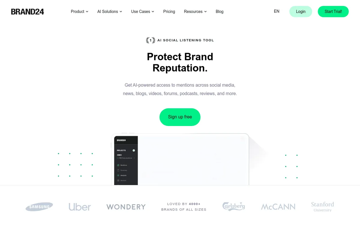 Brand24 interface screenshot showing the main dashboard
