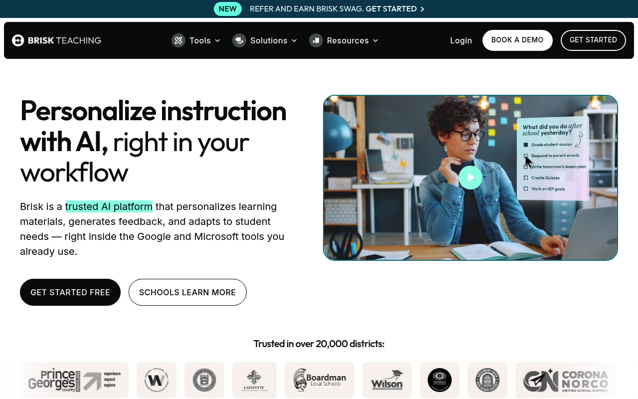 Brisk Teaching interface screenshot showing the main dashboard