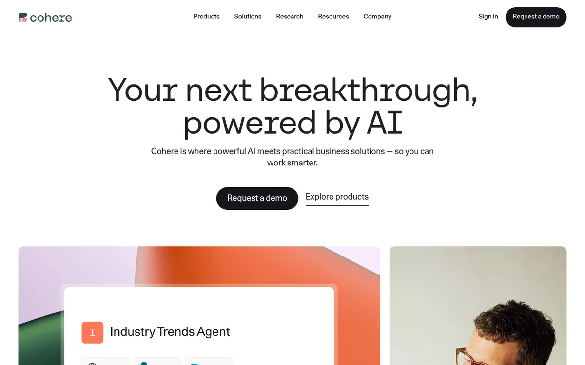 Screenshot of Cohere Command R - Enterprise-focused LLM optimized for RAG and business applications. Strong multilingual support with