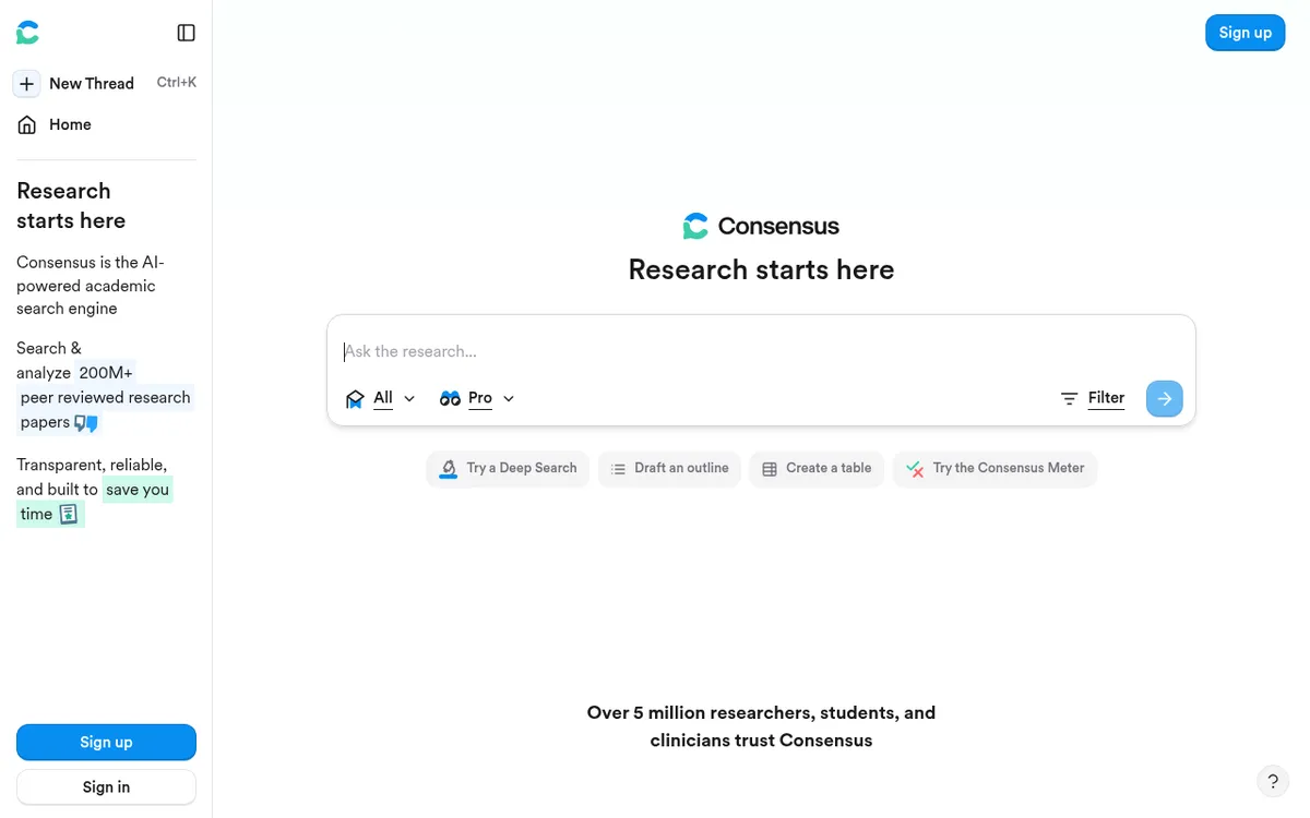 Screenshot of Consensus - AI-powered academic search engine. Finds and summarizes scientific research papers.