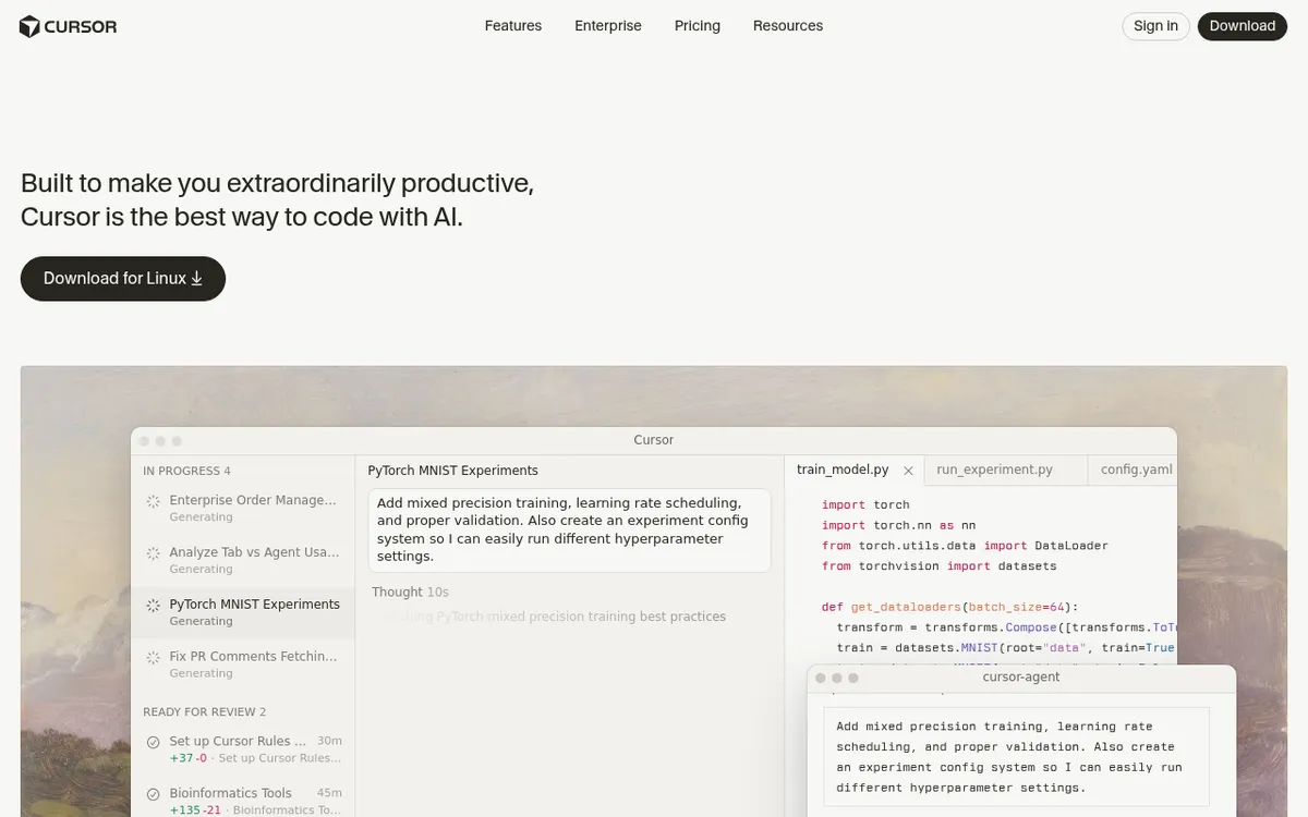 Screenshot of Cursor - AI-first code editor built on VS Code. Deep AI integration for chat, editing, and code generation.