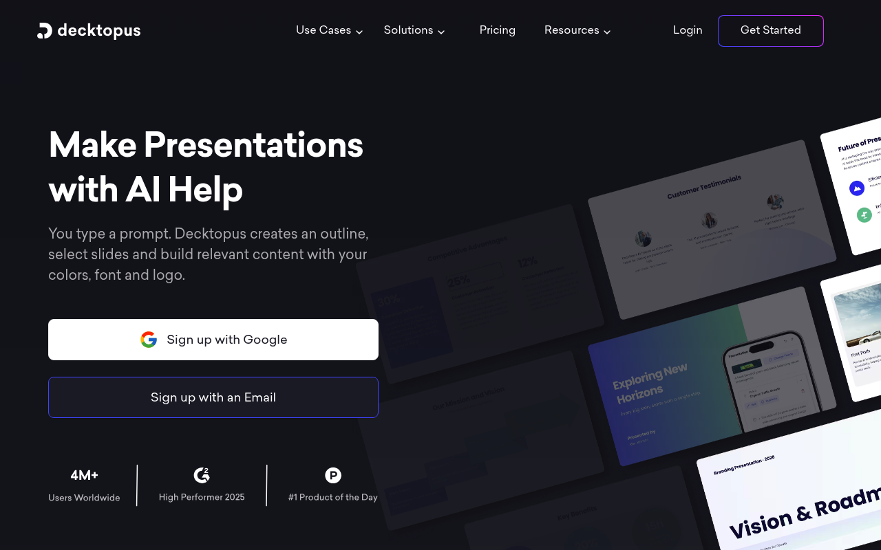 Decktopus AI interface screenshot showing the main dashboard
