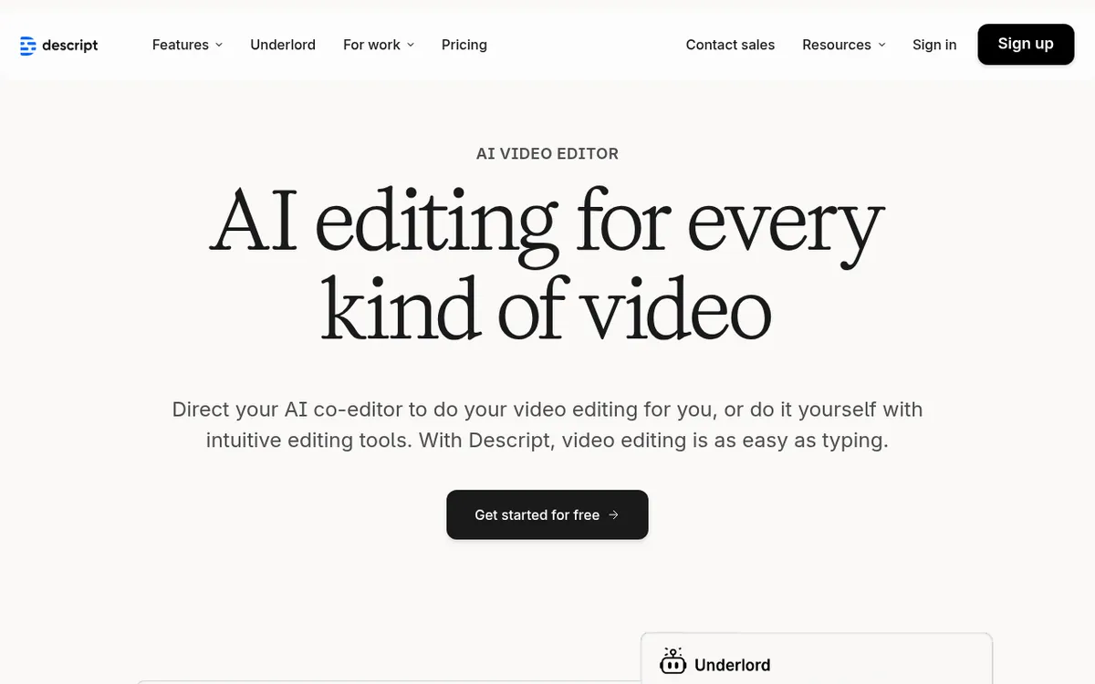 Screenshot of Descript - AI-powered audio and video editor. Edit media by editing text transcripts.