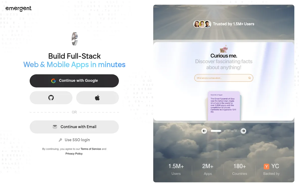 Screenshot of Emergent AI - Emergent AI is an advanced no-code platform that builds full-stack applications through simple conve