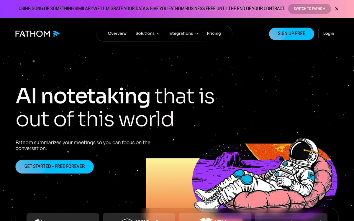 Screenshot of Fathom - AI meeting assistant that records, transcribes, and summarizes video calls automatically.