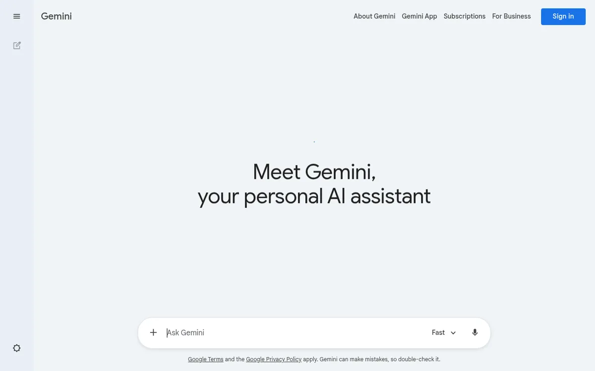 Screenshot of Gemini - Google's multimodal AI assistant with deep integration into Google Workspace. Features Gemini 2.5 Pr