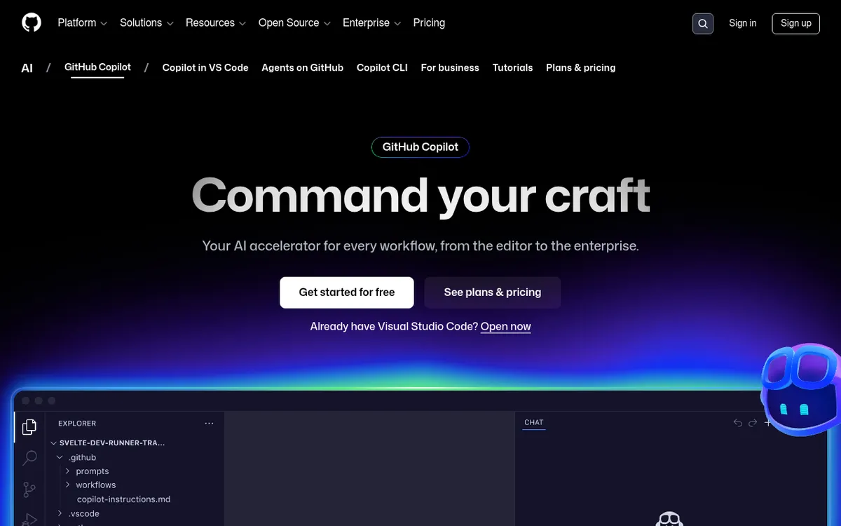Screenshot of GitHub Copilot - AI coding assistant that provides real-time code suggestions in your IDE. Industry standard for deve