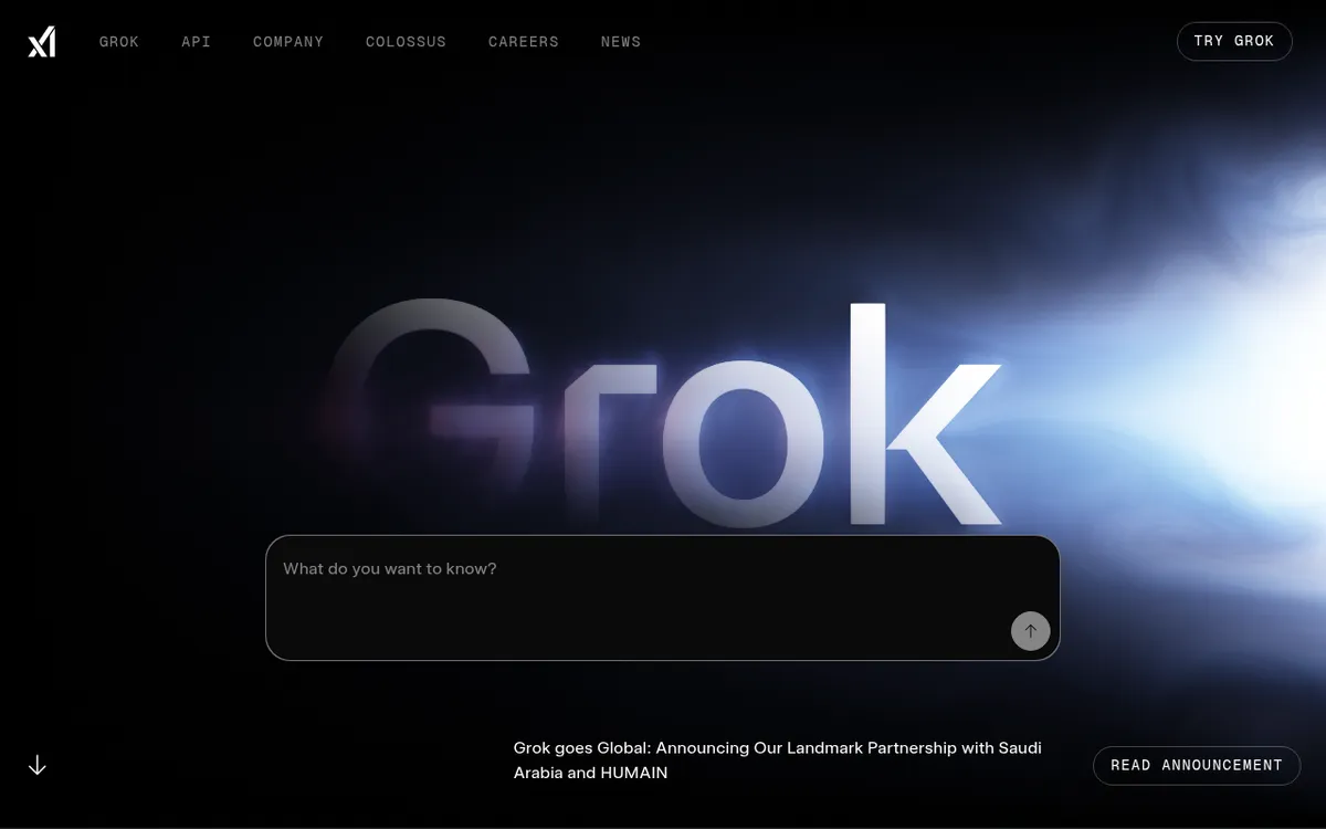 Screenshot of Grok - xAI's conversational AI with real-time X (Twitter) integration and a witty personality. Strong reaso