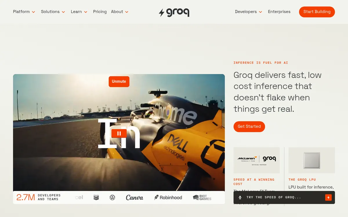 Screenshot of Groq - Ultra-fast LLM inference platform powered by custom LPU chips. Run Llama, Mixtral, and other models 