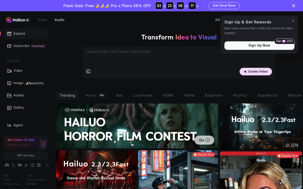 Hailuo AI interface screenshot showing the main dashboard