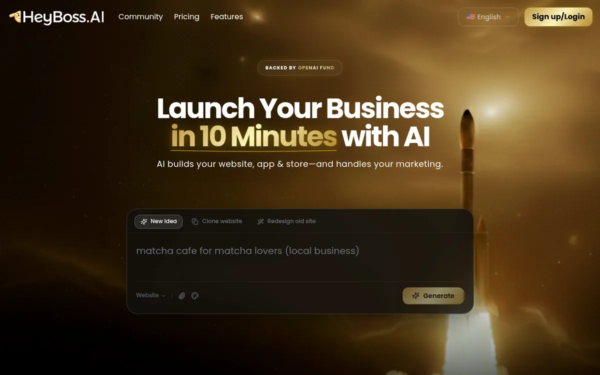 Screenshot of HeyBoss AI - HeyBoss AI is an autonomous AI development platform that builds professional websites and apps from 