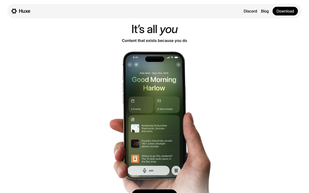 Huxe interface screenshot showing the main dashboard