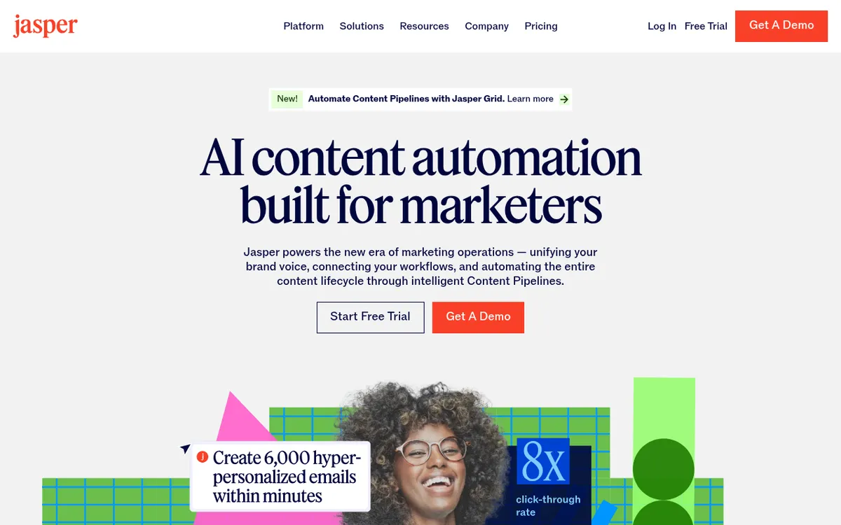 Screenshot of Jasper - AI marketing platform for creating on-brand content at scale. Templates for ads, emails, and more.