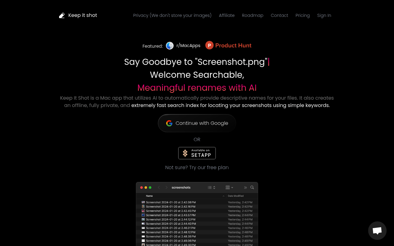 Keep It Shot interface screenshot showing the main dashboard