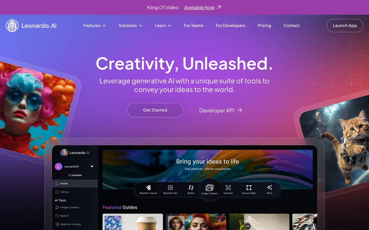 Screenshot of Leonardo AI - AI image generation platform optimized for game assets, concept art, and creative professionals. Fea
