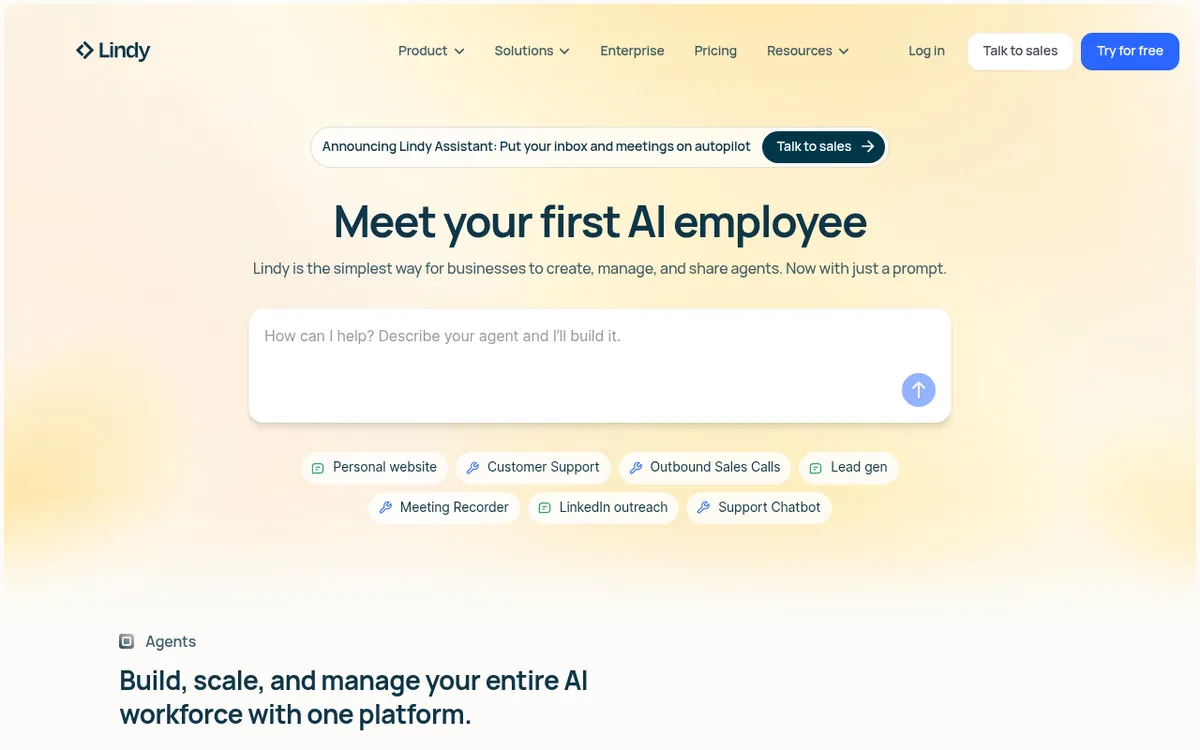 Screenshot of Lindy AI - Lindy AI is a no-code automation platform that lets you build custom AI agents to handle everyday bu