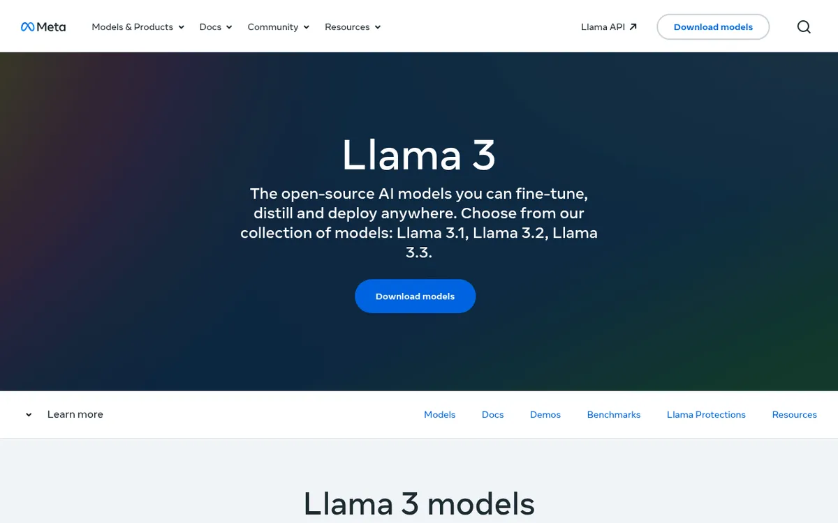 Screenshot of Llama 3 - Meta's open-source LLM family including Llama 3, 3.1, 3.2, and 3.3 models. Features multimodal capab