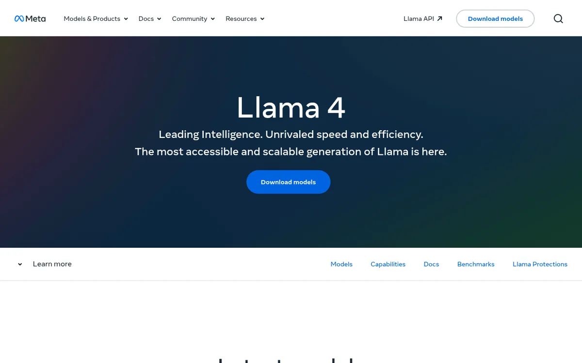 Screenshot of Llama 4 - Meta's latest open-source multimodal foundation model with advanced text and image processing capabi