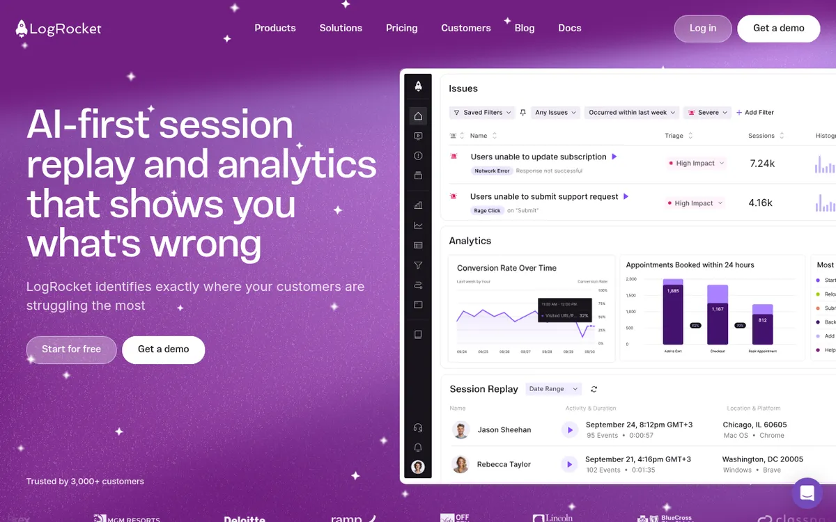 LogRocket interface screenshot showing the main dashboard