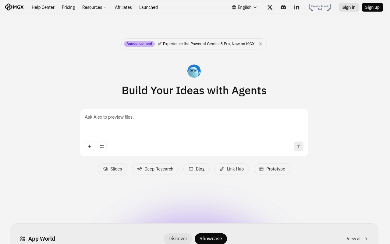 MetaGPT X (MGX) interface screenshot showing the main dashboard