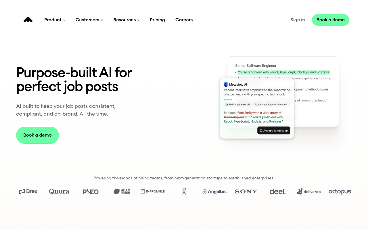 Metaview interface screenshot showing the main dashboard