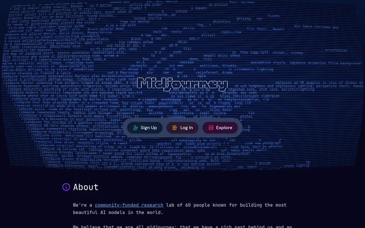 Screenshot of Midjourney - Leading AI image and video generator known for stunning artistic quality and photorealistic outputs.