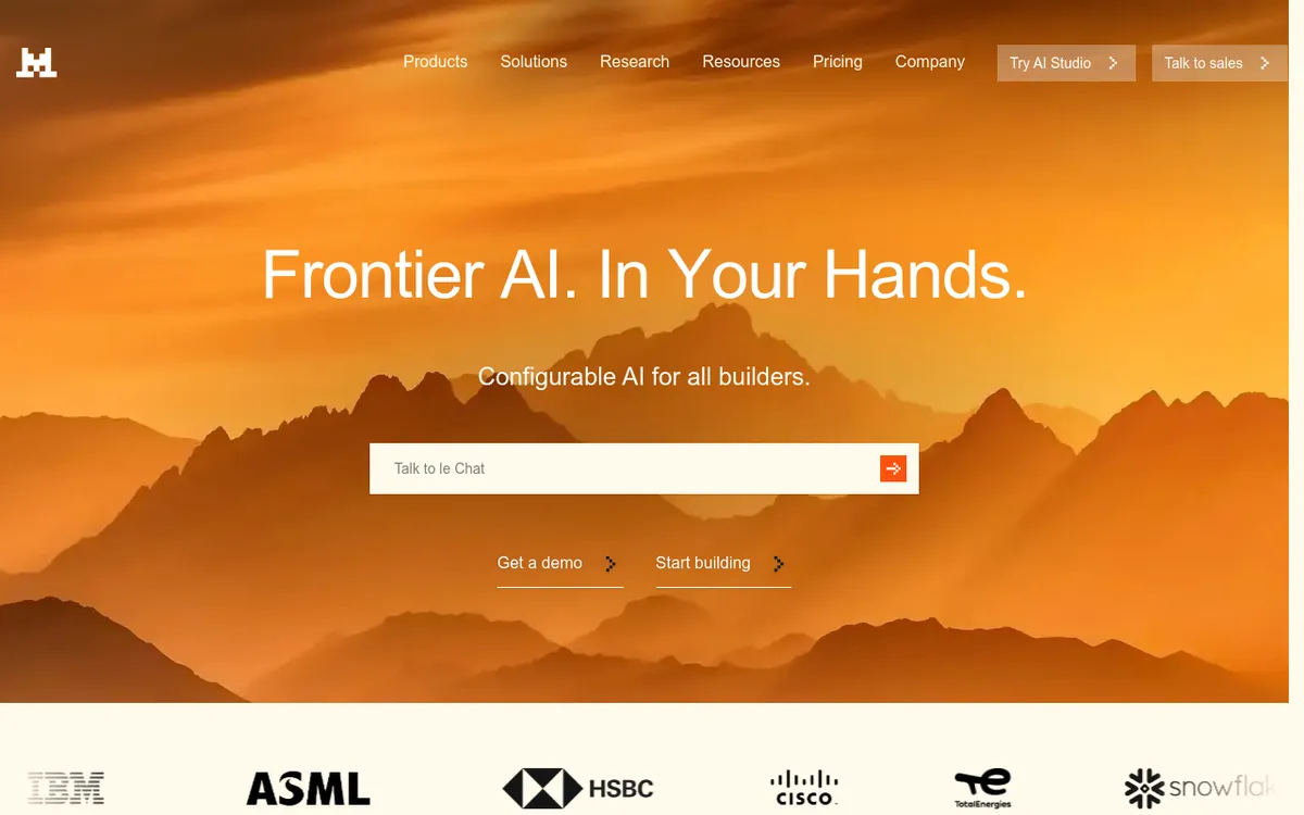 Screenshot of Mistral AI - European AI powerhouse offering efficient, multilingual models with advanced reasoning capabilities.
