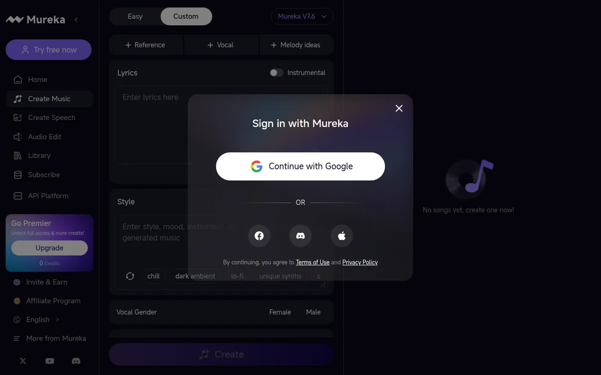 Mureka AI interface screenshot showing the main dashboard