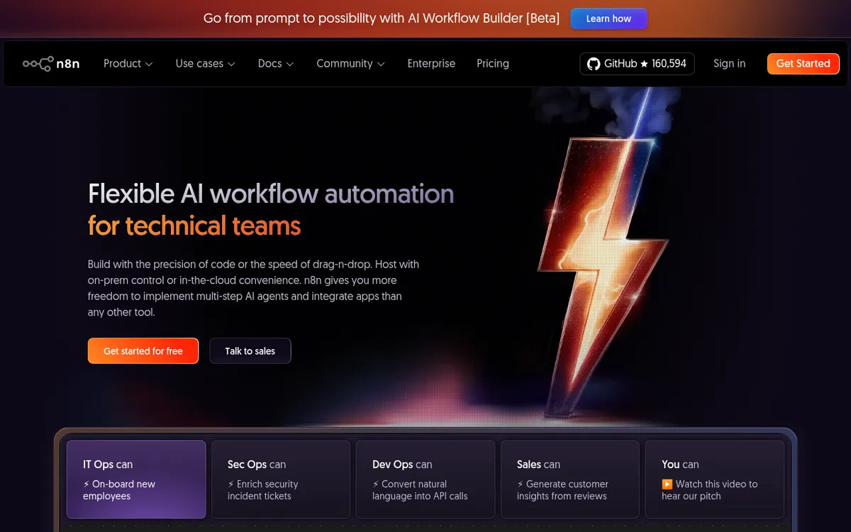 Screenshot of n8n - Open-source workflow automation platform with native AI agent capabilities and 400+ integrations. Se