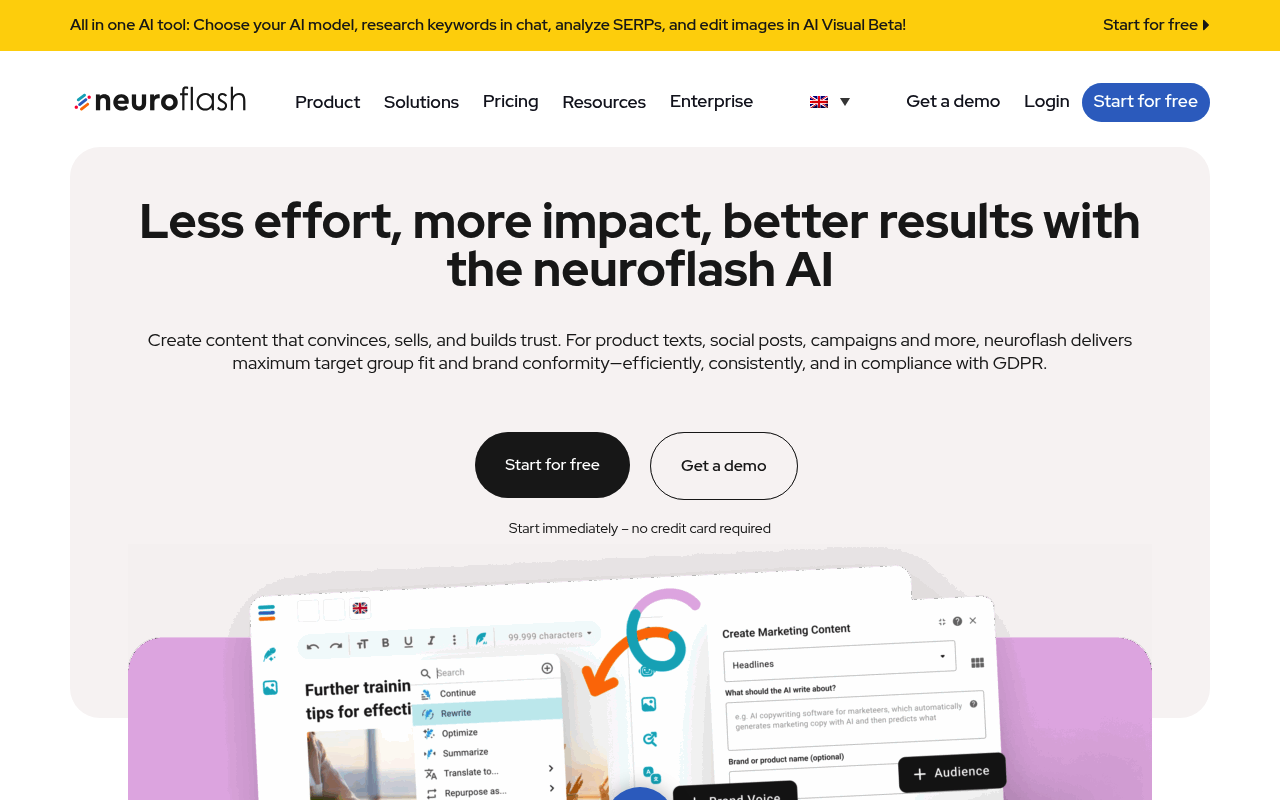 Neuroflash interface screenshot showing the main dashboard