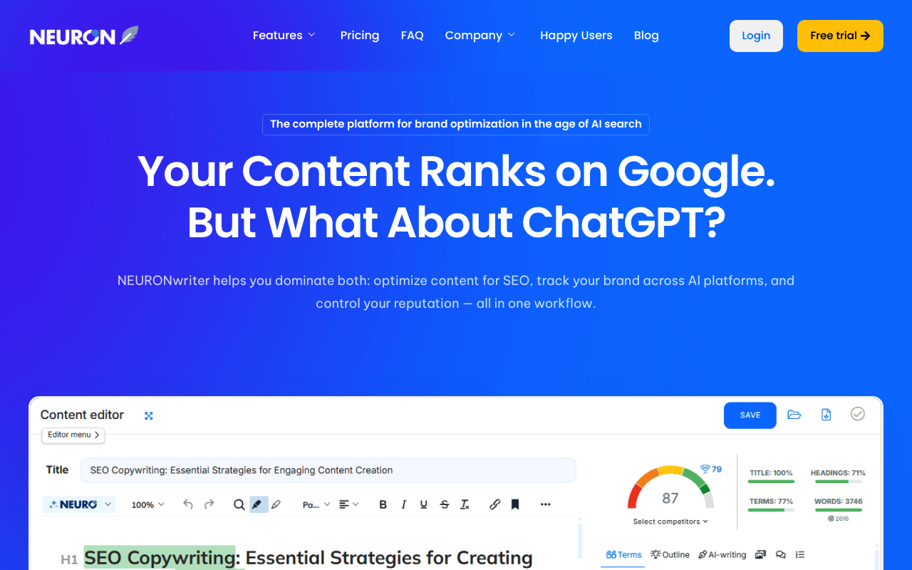 NEURONwriter interface screenshot showing the main dashboard