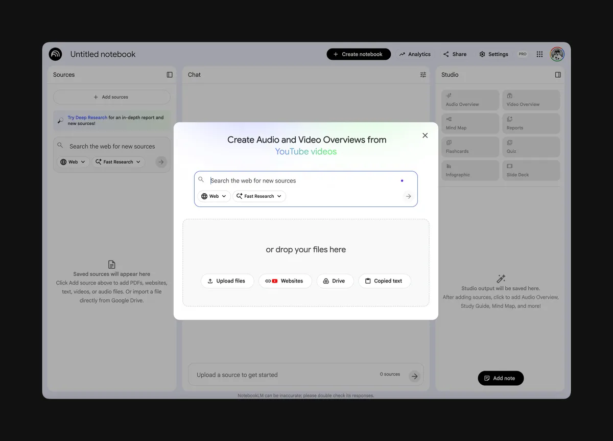 Screenshot of NotebookLM - Google's AI research assistant that analyzes documents and creates summaries, FAQs, and interactive 