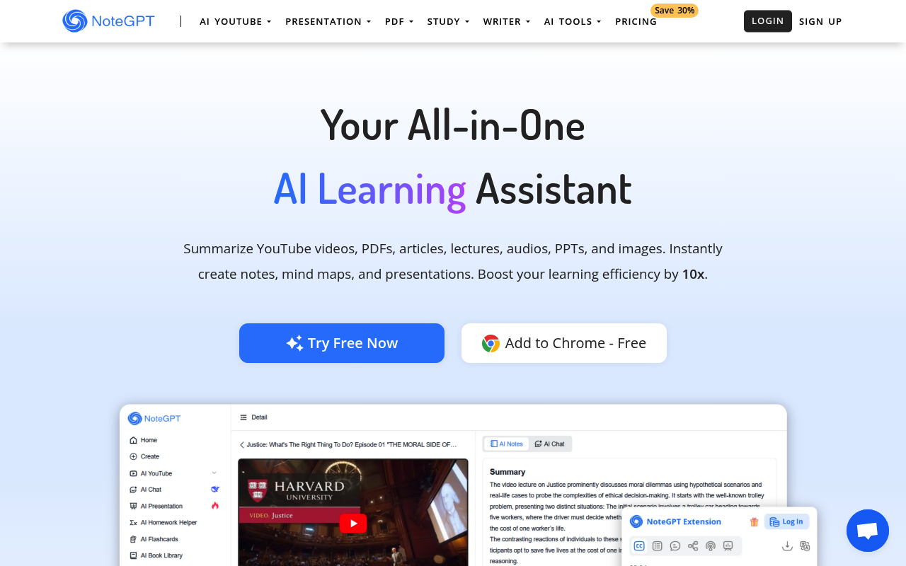 NoteGPT interface screenshot showing the main dashboard