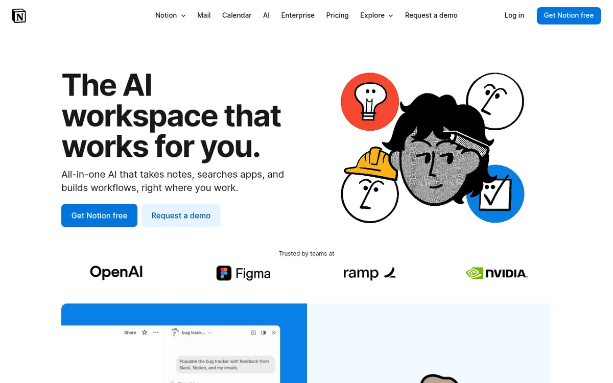 Screenshot of Notion AI - AI features integrated into Notion for writing, summarizing, and organizing within your workspace.