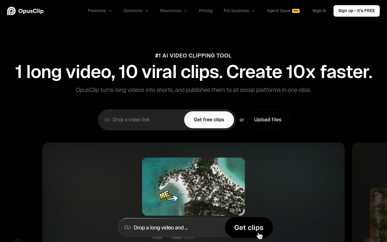 OpusClip interface screenshot showing the main dashboard