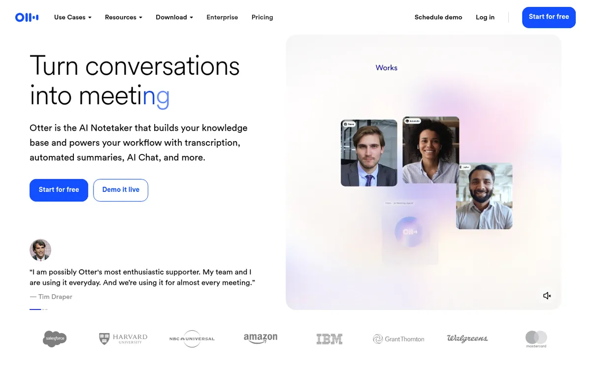 Screenshot of Otter.ai - AI meeting transcription and note-taking. Real-time transcription with speaker identification.