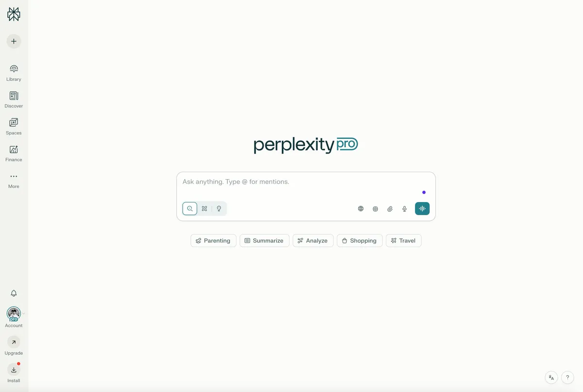 Screenshot of Perplexity AI - AI-powered search engine that provides sourced answers with citations from real-time web data. Featu