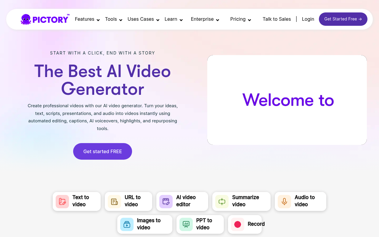 Pictory interface screenshot showing the main dashboard