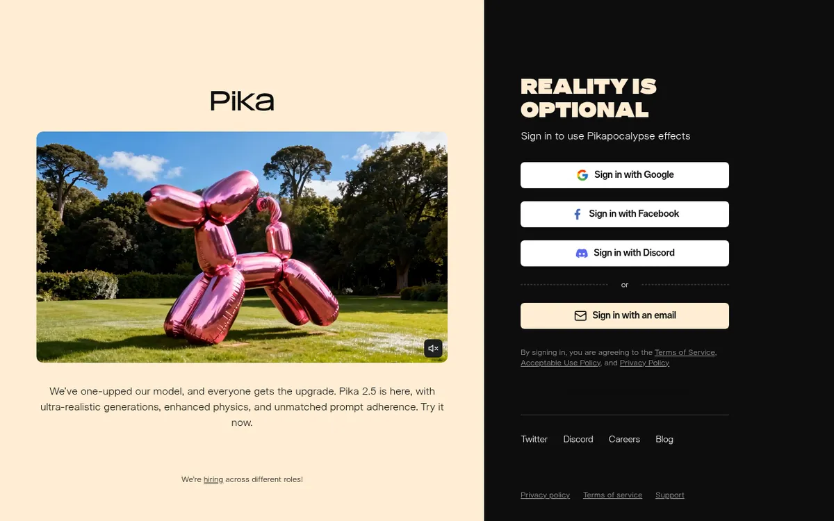 Screenshot of Pika - AI video generator with text-to-video capabilities, featuring creative effects, Modify Region, Lip S