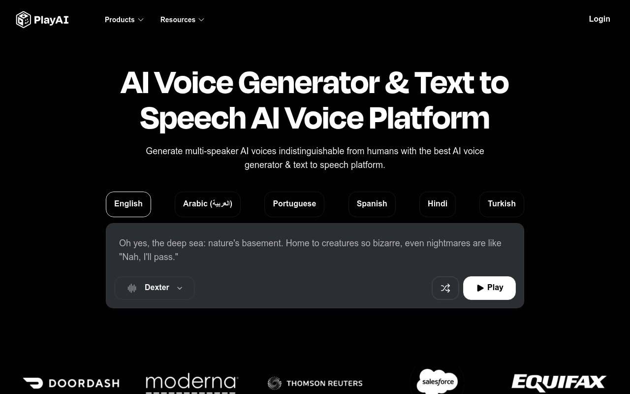 Play.ht interface screenshot showing the main dashboard