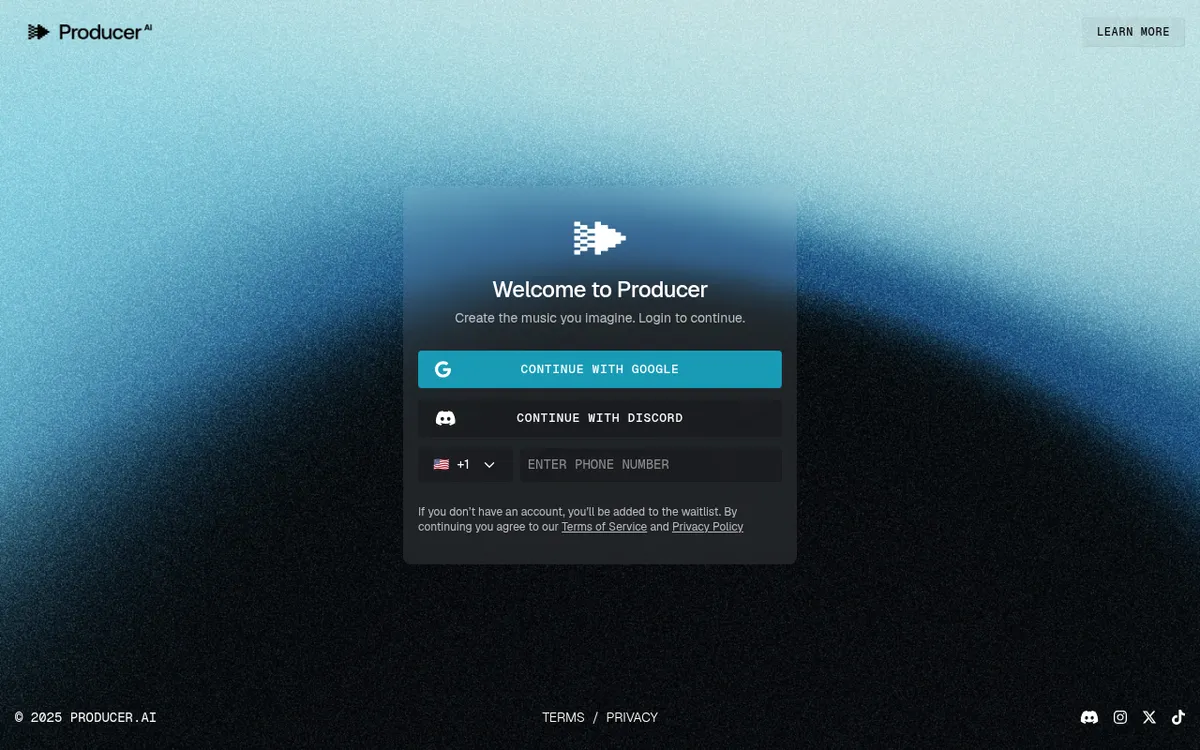 Producer.ai interface screenshot showing the main dashboard